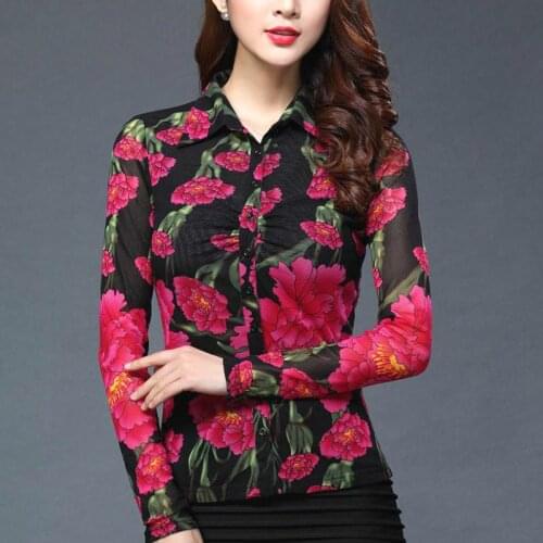 Spring Fall Fashion Woman Female Slim Full Sleeve Painted Floral Stretch Mesh Blouse Shirt , Womens Flower Cardigan Blouses