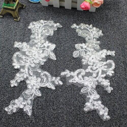 YACKALASI 10 Pairs Sequined Bridal Appliqued Mirrow Pairs Wedding Flower 3D Embroidered Trims White And Red 28*16cm