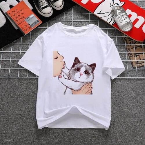 Harajuku Kiss Cats Women tshirts Aesthetic shirt Ullzang Vintage 90s tshirt New Fashion Top Tees Female Tumblr Clothing