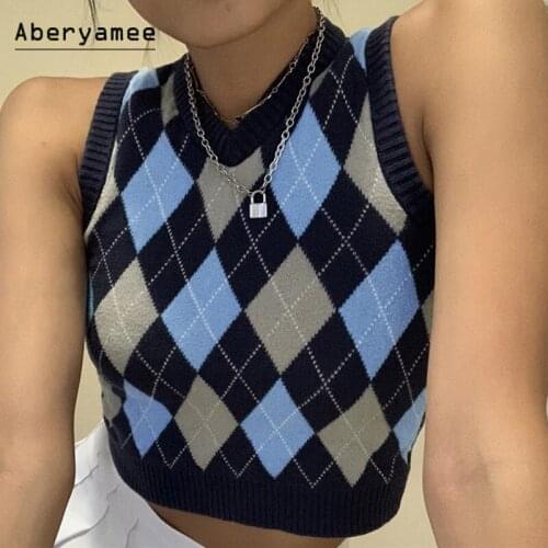 Aberyamee 2021 New Autumn V-neck Slim Plaid Short Knitted Womens SleevelesVest Fashion Vintage Casual Preppy Style Sweater Tops