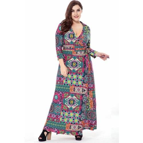 Plus Size Long Summer Dress For Women 3/4 Sleeve Colorful Print Cardigan Wrap V-Neck Floor Skirt A-Line High Waist Maxi Dresses