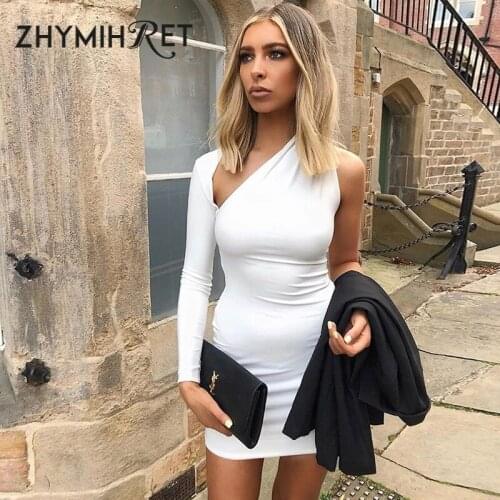 ZHYMIHRET One Shoulder Mini Dress Women Hollow Out Long Sleeve Party Bodycon Dress 2019 Autumn Backless Sexy Vestido Mujer