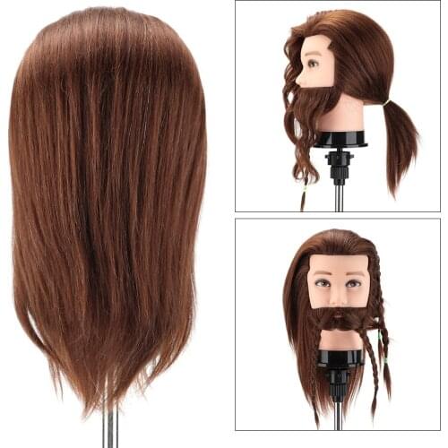 100% Real Human Hair Male Mannequin Practice Training Head with Beard Barber Hairdressing Manikin Doll Head for Beauty School