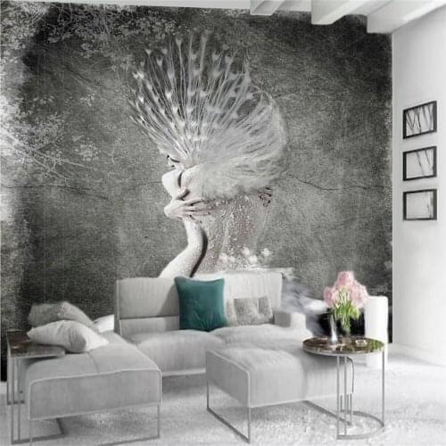 European creative nostalgic black and white peacock nude beauty back background wall beautifully decorated wallpaper