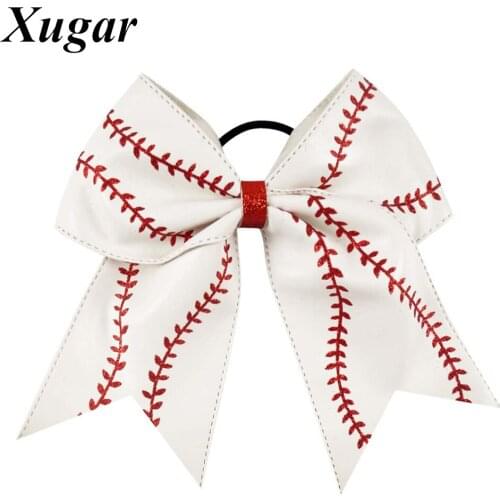 7" Leather Baseball Cheer Bow With Elastic Band Softball Hair Bow For Cheerleaders Girl Hair Accessories