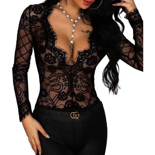 Women Sexy Long Sleeve Deep V Neck Lace Bodycon Party Bodysuit Jumpsuit Ladies Female Leotard Tops Clubwear Lingerie Bodysuits