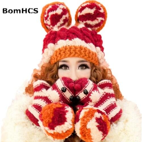 BomHCS Beanie & Gloves& Scarf Cute Big Ears Womens Winter Warm Handmade Knitted Hat Mittens Neckerchief