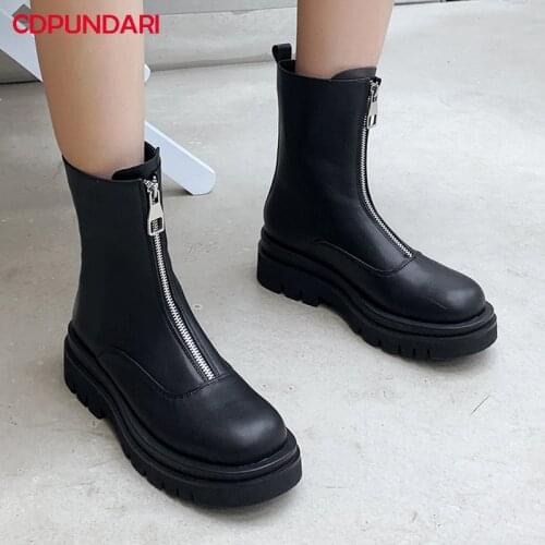 Women White Black Zipper Flat Platform Ankle Boots Chelsea Ladies Autumn Winter Chunky Short Boots Shoes Bottes Plateforme Femme