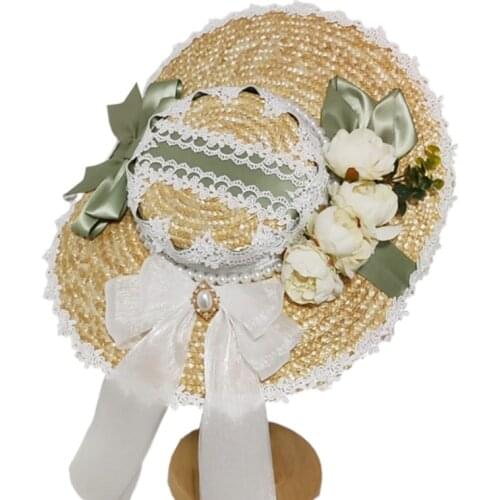 Women Girls Straw Cap Lolita Lightweight Caps Rural Girls Tea Party Hollow Lace Embroidery Lady Daily Accessories