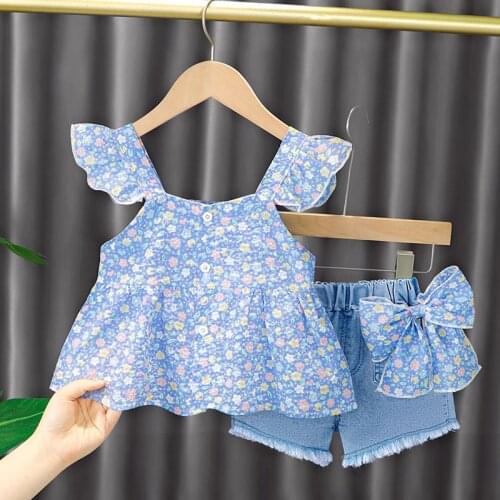 Summer Baby Girls Clothing Sets Kids Floral Flying Sleeve Vest and Cute Bow Denim Shorts Outfits Infant Sling Clothes Suits 0-4Y