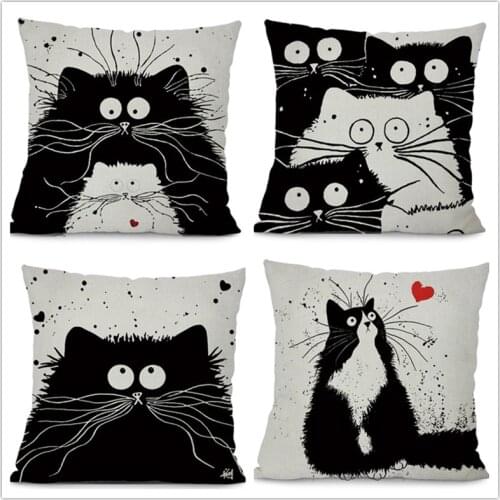 Pillow Cover Cartoon Black White Cute Cats Printed Decorative Sofa Cushion Covers Modern Home Decor Pillowcase