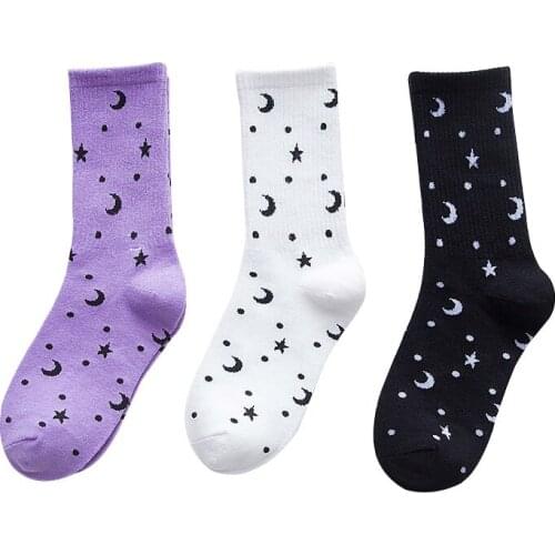 3 Pairs Women Socks Girls Street Kawaii Skateboard Hip Hop Socks Happy Funny Design Moon and Star Tide Art Sock Meias Hosiery