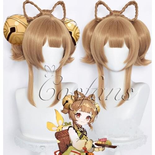 Genshin Impact YAOYAO Cosplay Wig Ponytails Braided Short Hair Brown Heat Resistant Synthetic Wig Halloween 40cm Brown Wigs