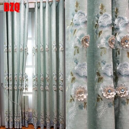 Korean Green Girl Thick Chenille Embroidery Curtains for Living Dining Room Bedroom