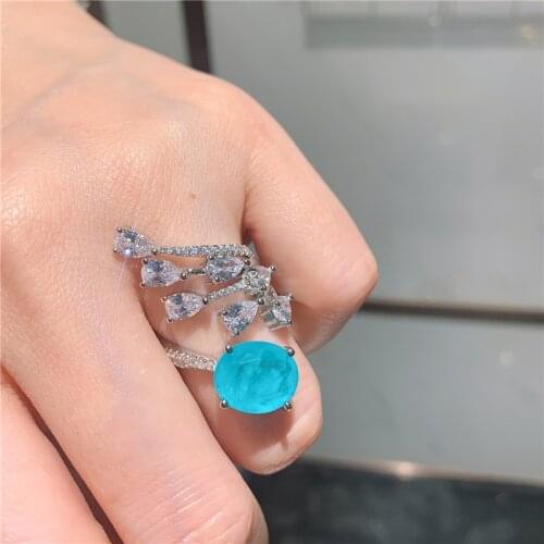 QTT Luxury Egg Paraiba Tourmaline Gemstone Ring 925 Sterling Silver Resizable Rings For Wedding Bridal Women Fine Jewelry