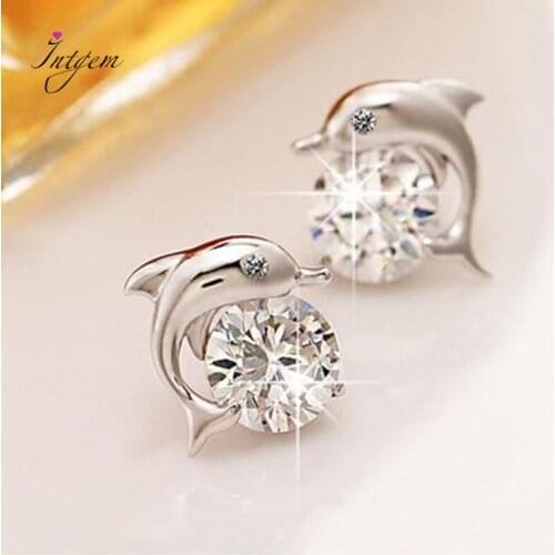 Lovely Dazzling Dolphin Shape Ear Stubs Womens Earrings 925 Sterling Silver Cute Animal Shiny CZ Zircon Earrings Fine Jewelry