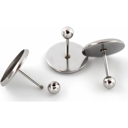 Stainless Steel Ear Post Stud Earrings Round Ball Screwed Off wiht 8 10 12mm Cameo Cabochon Base Findings DIY Jewelry Making