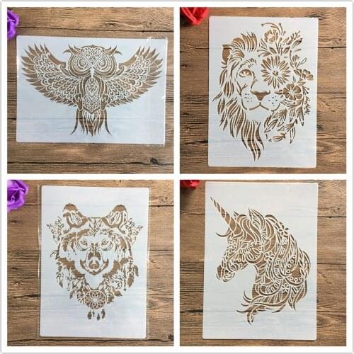 4pcs / set A4 Animal owl lion unicorn wolf Stencils Painting Coloring Embossing Scrapbook Album Decorative Template stencil