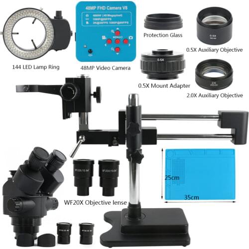 3.5X-90X Simul Focal Trinocular Stereo Microscope Double Boom Stand 38MP 2K HDMI Video Camera 144 LED Lamp For Lab PCB Repair