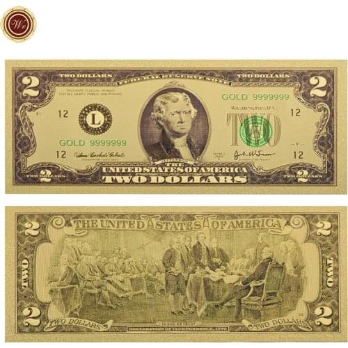 WR American 24k Colorful Gold Banknote Rare US Fake Money 2 Dollar Currency Bill Note Festival Souvenir Gifts Value Collection
