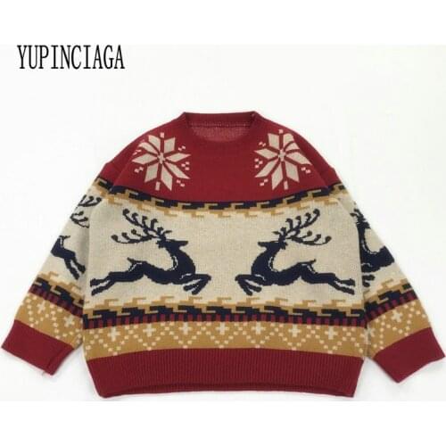 YUPINCIAGA Women Christmas elk Sweaters Winter Long Sleeve O-Neck Knitted Drop Shoulder Pullover Femme Jumper Knitted Sweater