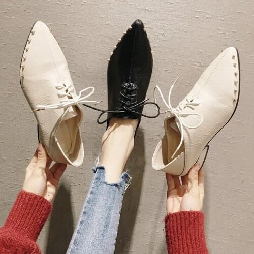 Womens shoes fashion rivet single shoes 2020 spring new pointed toe lace-up leather shoes