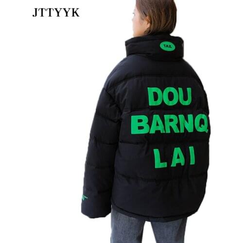 2021 Winter Coat Women Korean Sashion Sports Color-Blocking Print Bread Jacket Female Student Loose Plus size Warm Cotton Parkas