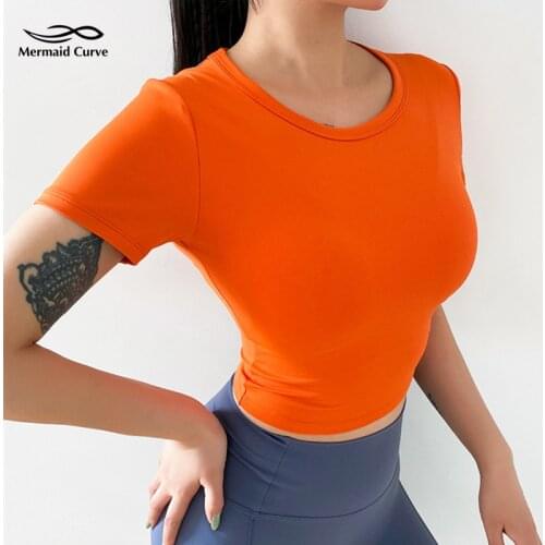 Mermaid Curve New O Collar Fitness Top Women Summer Yoga Shirts Breathable Tight Elastic Sports Quick Dry Short-Sleeve T Shirts