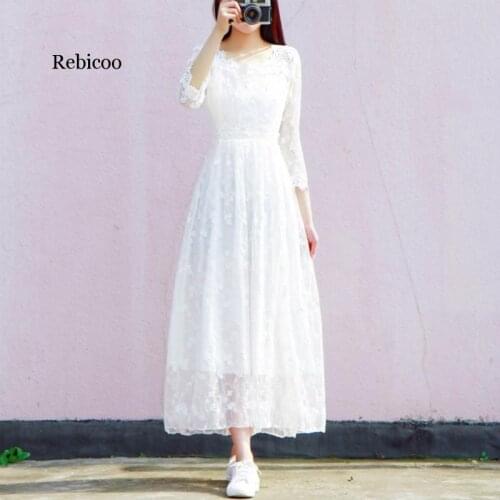 New Women Vintage 3/4 Sleeve Square Collar Hollow Out Lace Dresses Casual Elegant White Party Dress Vestido