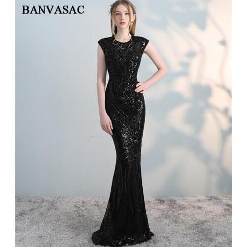 BANVASAC 2019 Crystal Illusion O Neck Sequined Mermaid Long Evening Dresses Elegant Party Open Back Prom Gowns