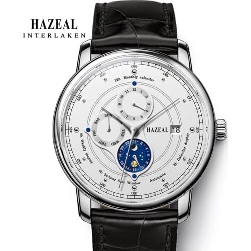 Hazeal Fashion Mens Automatic Mechanical Watches Week Date Male Wristwatch Sapphire Steeldive Genuine Leather Casual Clock
