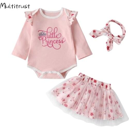 Princess Baby Girl Clothes Outfits Three Piece Suit Unique Letter Bodysuit and Sweet Flower Gauze Skirt with Bow Headband
