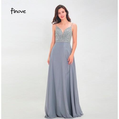 Finove Evening Dress Long 2020 New Sexy V Neck Backless Spaghetti Strap Grey Chiffon vestido de fiesta Formal Dress Party Gowns