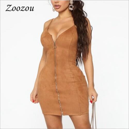 Elastic Slim Zipper Suede Leather Women Dresses Bodycon Sleeveless Mini Dress Sexy Deep V Neck Faux Leather Short Dress Custom