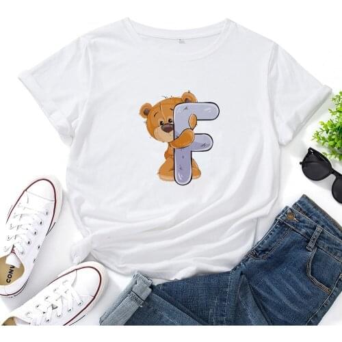 Funny Letter F T Shirts Women Cute Cartoon Bear Graphic Tees Women Fashion Casual Short Sleeve Tshirt Woman Loose Cute Tops