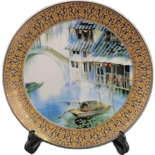 Chinese Old Porcelain Gilt Edged Plate With Pastel Landscape Pattern