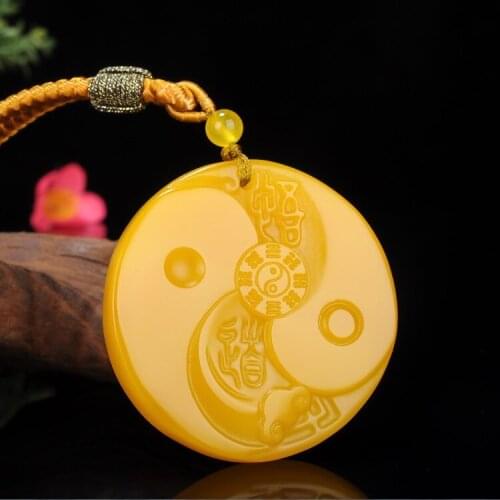 Chinese Yellow Jade Taiji Bagua Pendant Necklace Jewellery Fashion Accessories Hand-Carved Man Woman Luck Amulet New
