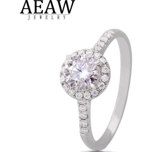 AEAW 1.0ct 6.5mm DF Carat Round Brilliant Cut Moissanite Ring 14k White Gold Plated 4 Prong For Womens Ladys Engagement Ring