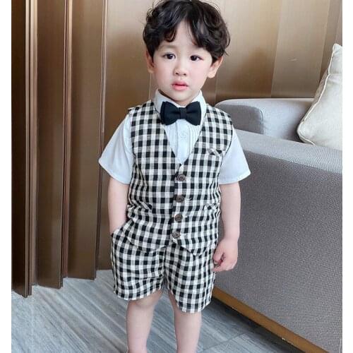 Boys Plaid Vest Shorts 2Ps Clothing Set Kindergarten Kid Performance Dress Children Chorus Birthday Gift Photograph Suit Costume