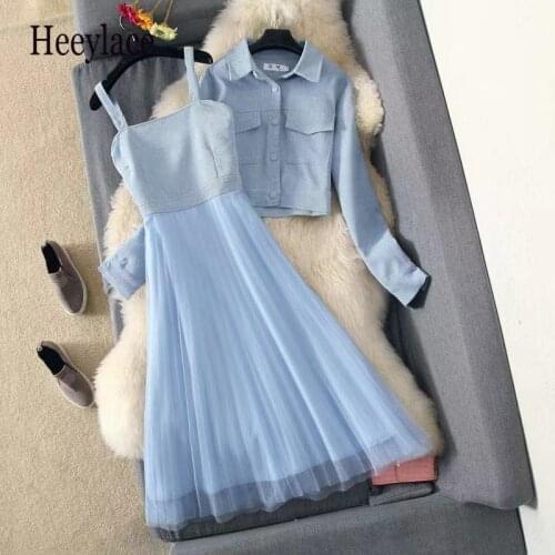 Korean Fashion Mesh Tank Dress And Cropped Jacket Women Two Piece Outfit Elegant Sleeveless Dress Set Sweet Slim Ladies Suit