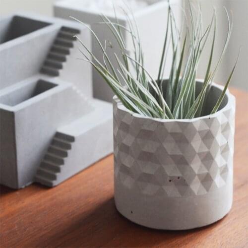 Rhombus Section Design Round Flower Pot Concrete Silicone Mold Cement Clay Pen Holder Mold Aroma Candle Jar Mold