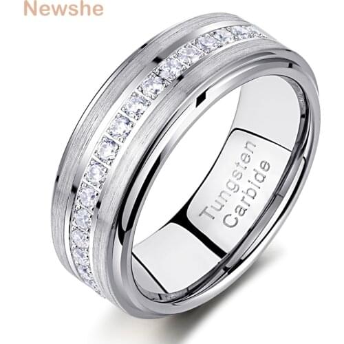 Newshe Mens Promise Wedding Band Tungsten Carbide Rings For Men Charm Ring 8mm Size 9-13 AAAAA White Round Zircon Jewelry TRX058