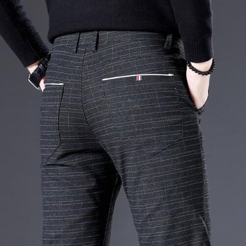 Autumn and Winter classic Long Pants Mens Casual Slim Loose Tight Waist Straight Tube Work Stretch Suit trousers Trellis