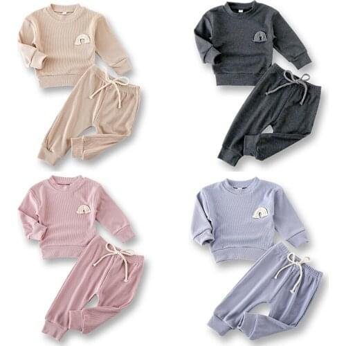 Autumn Solid Cotton Toddler Baby Sets Rainbow Boys Girls Clothes Long Sleeve Top+Trousers Sets Casual Infant Outfits Costume