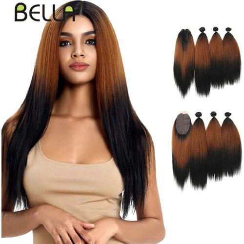 Yaki Straight Hair Bundles Ombre Bundles Synthetic Hair 4Pcs/Pack 18-22inch 245g Bundles With Closure BELLA Weave Hair Extension