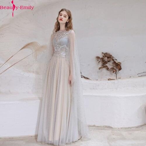 Luxurious Beading Sequined O Neck Evening Dress Long 2021 New Style Tulle Transparent Zipper Back Formal Dress With Fixed Shawl