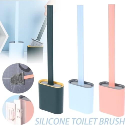 Toilet Brush Water Leak Proof With base Silicone Wc Flat Head Flexible Soft Bristles Brush with Quick Drying Holder Set