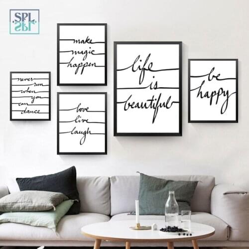 SPLSPL Be Happy! Black and White Quote Canvas Art Print Poster and Painting Wall Picture For Home Decor No Frame