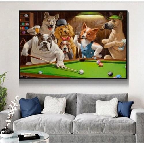 Creative Cartoon Animal Dog Playing Billiard Canvas Painting Poster Print Cuadros Wall Art for Living Room Home Decor