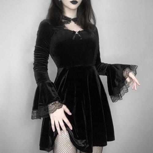 Vintage Sexy Velvet Skull Pendant Dress Mall Gothic High Waist Flared Sleeve Lace Mini Dresses Ladies Club Party Dresses